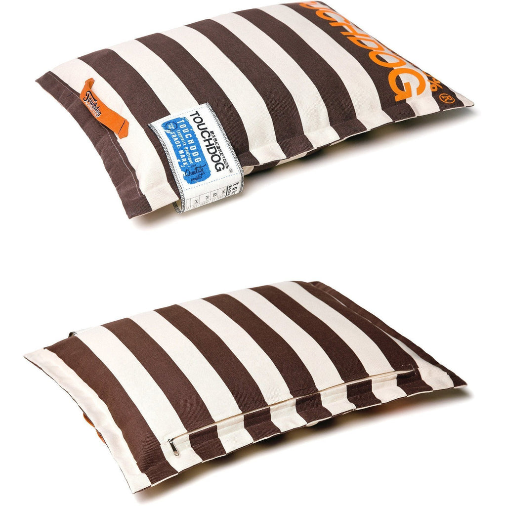 Touchdog brown and cream striped pillow dog bed, showing front and zippered underside