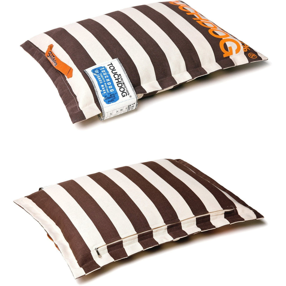 Touchdog brown and cream striped pillow dog bed, showing front and zippered underside
