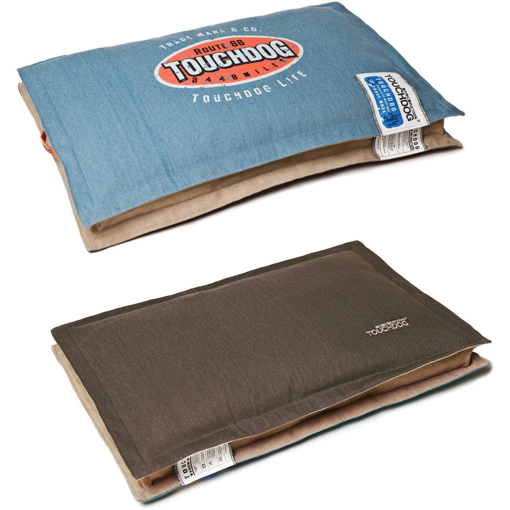 Touchdog reversible dog mat showing denim blue logo side and mocha brown reverse