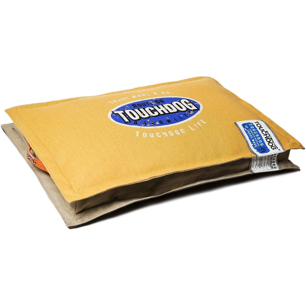 Touchdog reversible dog mat bed with a mustard yellow top, brown underside, and stitched edges