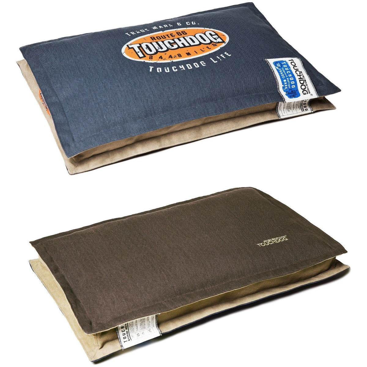 Touchdog reversible dog mat in royal blue and mocha brown, both sides shown