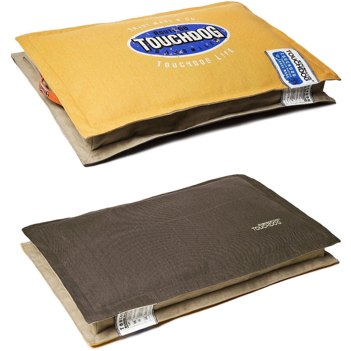 Touchdog reversible dog mat in mustard yellow and mocha brown, both sides shown