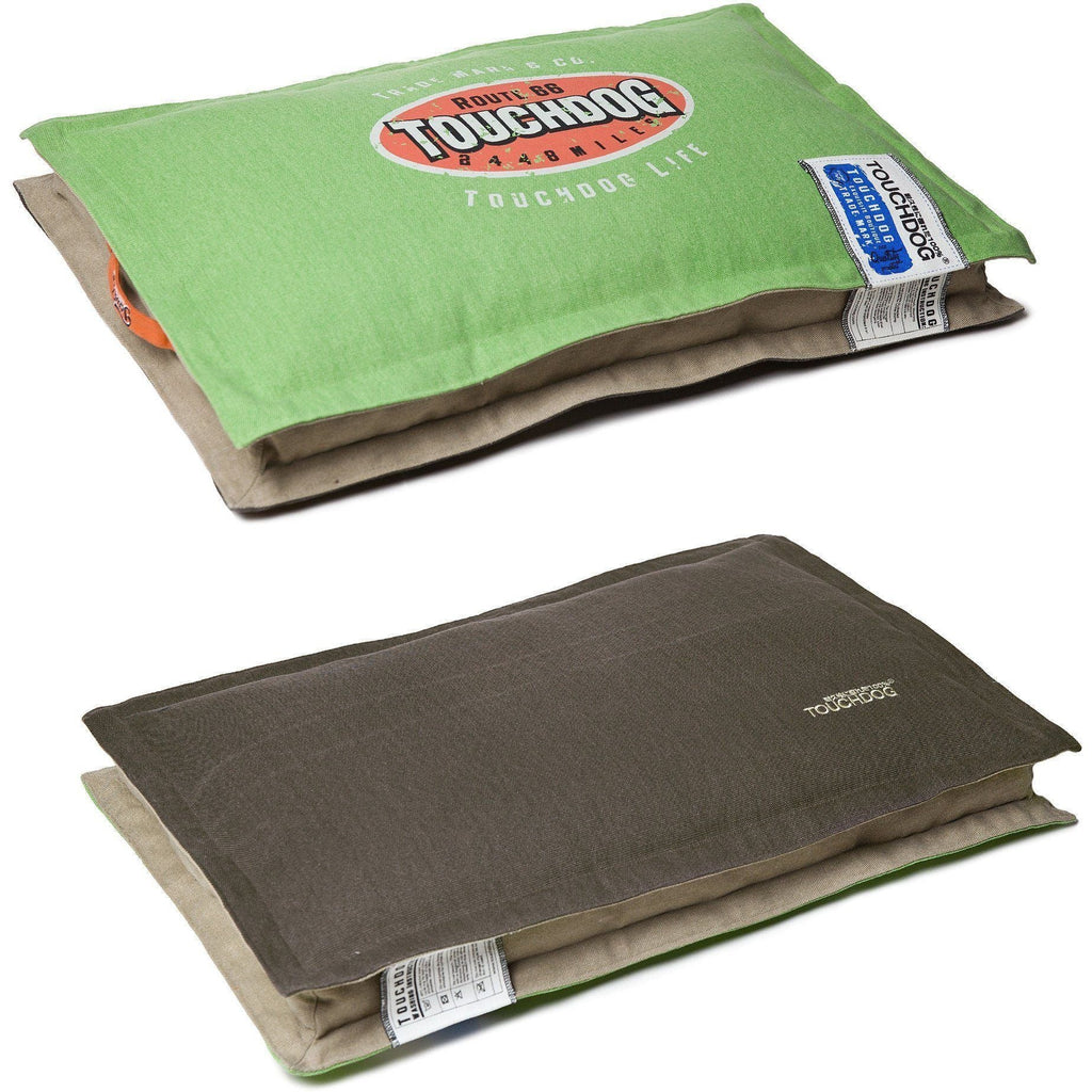 Touchdog reversible dog mat in mint green and mocha brown, both sides shown