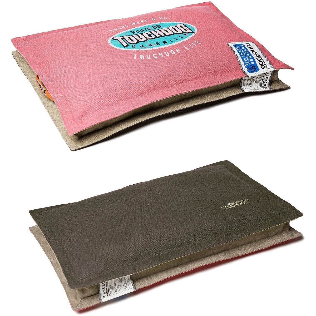 Touchdog reversible dog mat in light pink and mocha brown, both sides shown
