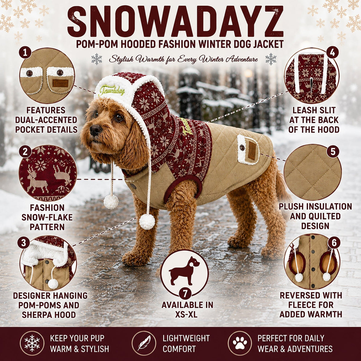 Touchdog Snowadayz dog jacket feature graphic showing tan quilted coat and burgundy patterned hood