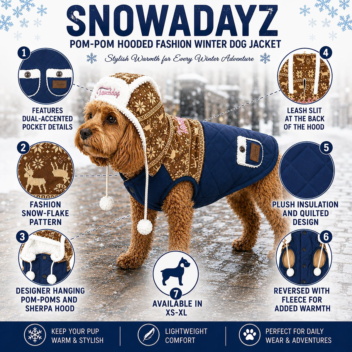 Touchdog Snowadayz dog jacket feature graphic showing navy quilted coat, patterned hood and pockets
