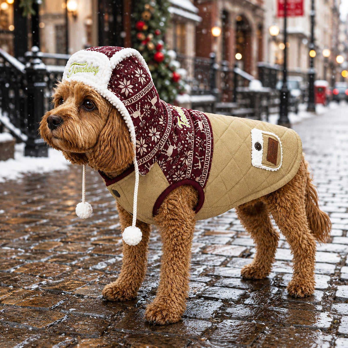 Touchdog Snowadayz dog jacket modeled on a dog, with a burgundy patterned hood and tan quilted body