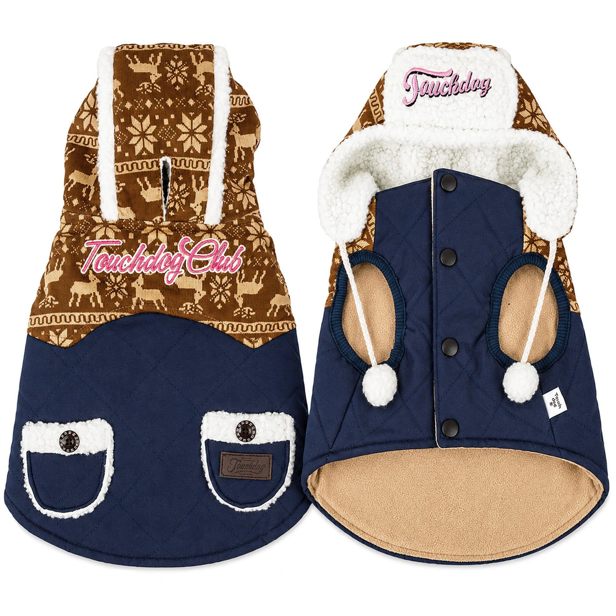 Touchdog dog jacket shown front and back, with navy quilted body and brown patterned hood