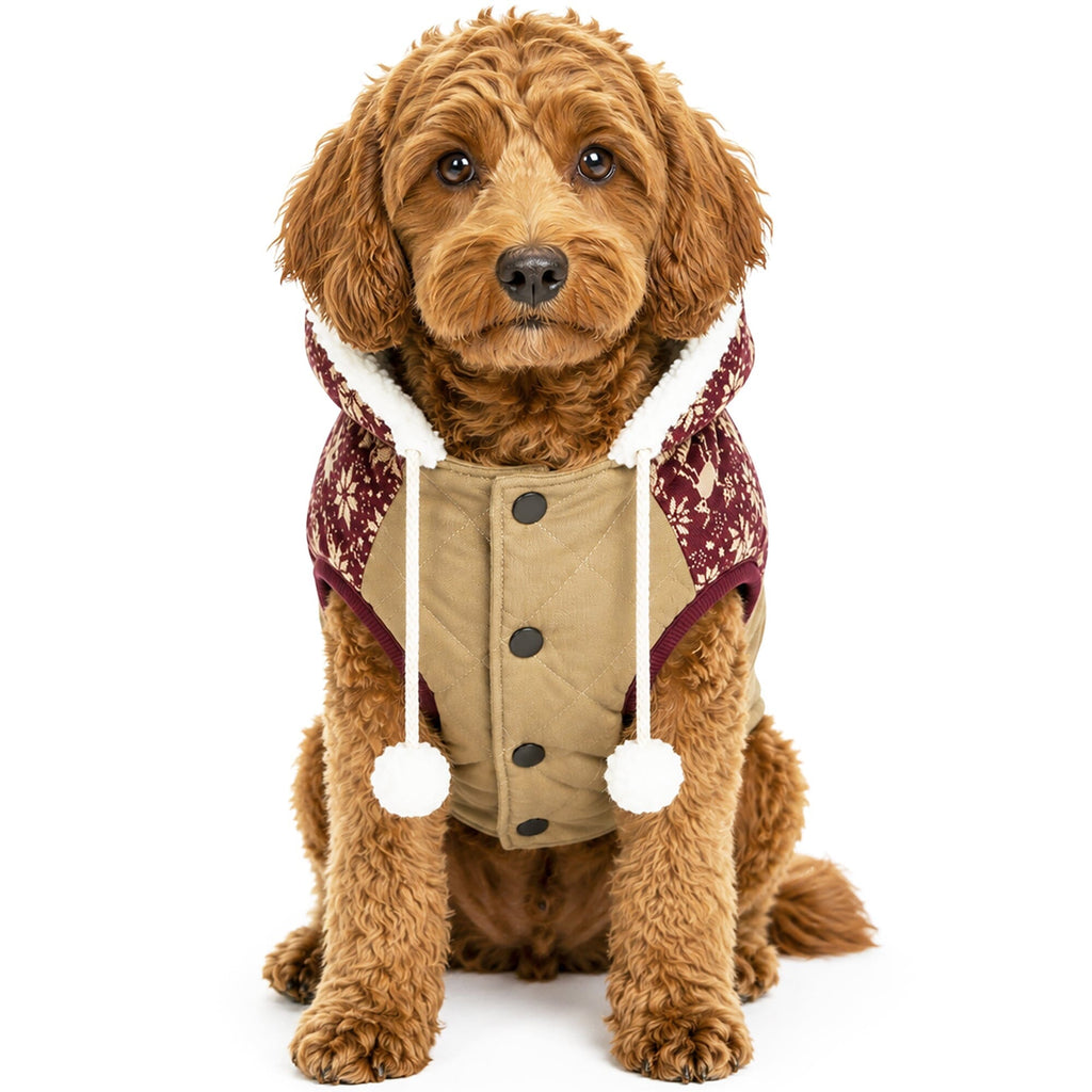 Tan dog jacket with burgundy snowflake-print hood, front buttons and dangling pom-poms