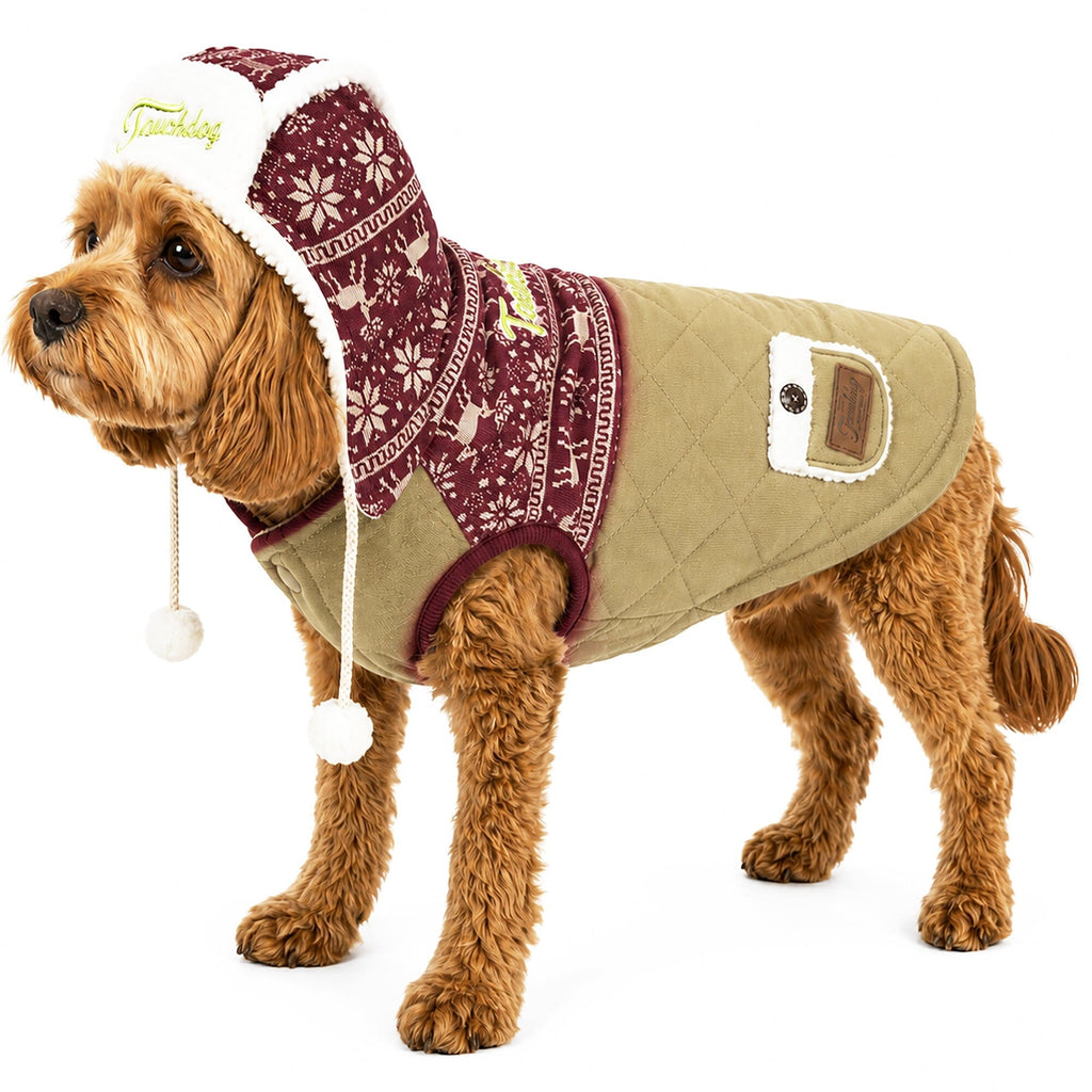 Touchdog Snowadayz dog jacket in tan and burgundy snowflake print, with sherpa hood and pom-poms