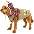 Touchdog Snowadayz dog jacket in tan and burgundy snowflake print, with sherpa hood and pom-poms
