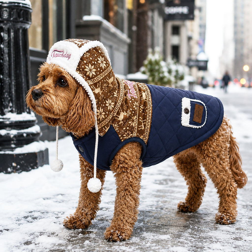 Navy quilted dog jacket with brown snowflake-print hood, sherpa trim and pom-pom ties