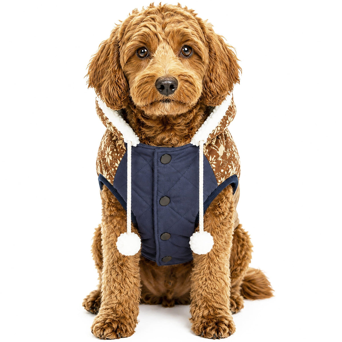 Navy dog jacket with brown snowflake-print hood, front buttons and dangling pom-poms