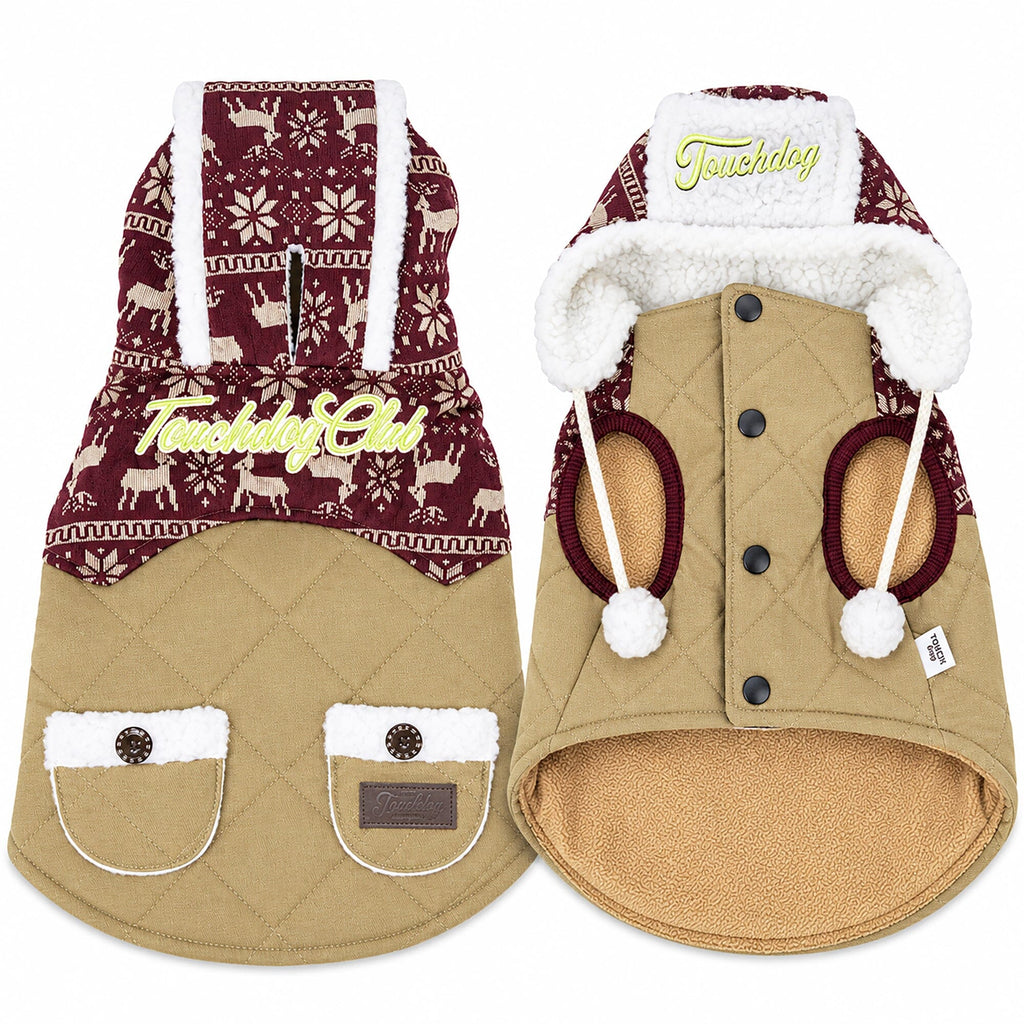 Touchdog Snowadayz hooded dog jacket with burgundy snowflake print, tan quilted body and pom-pom ties