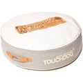Touchdog round dog bed with a white top, gray denim sides, and orange accents