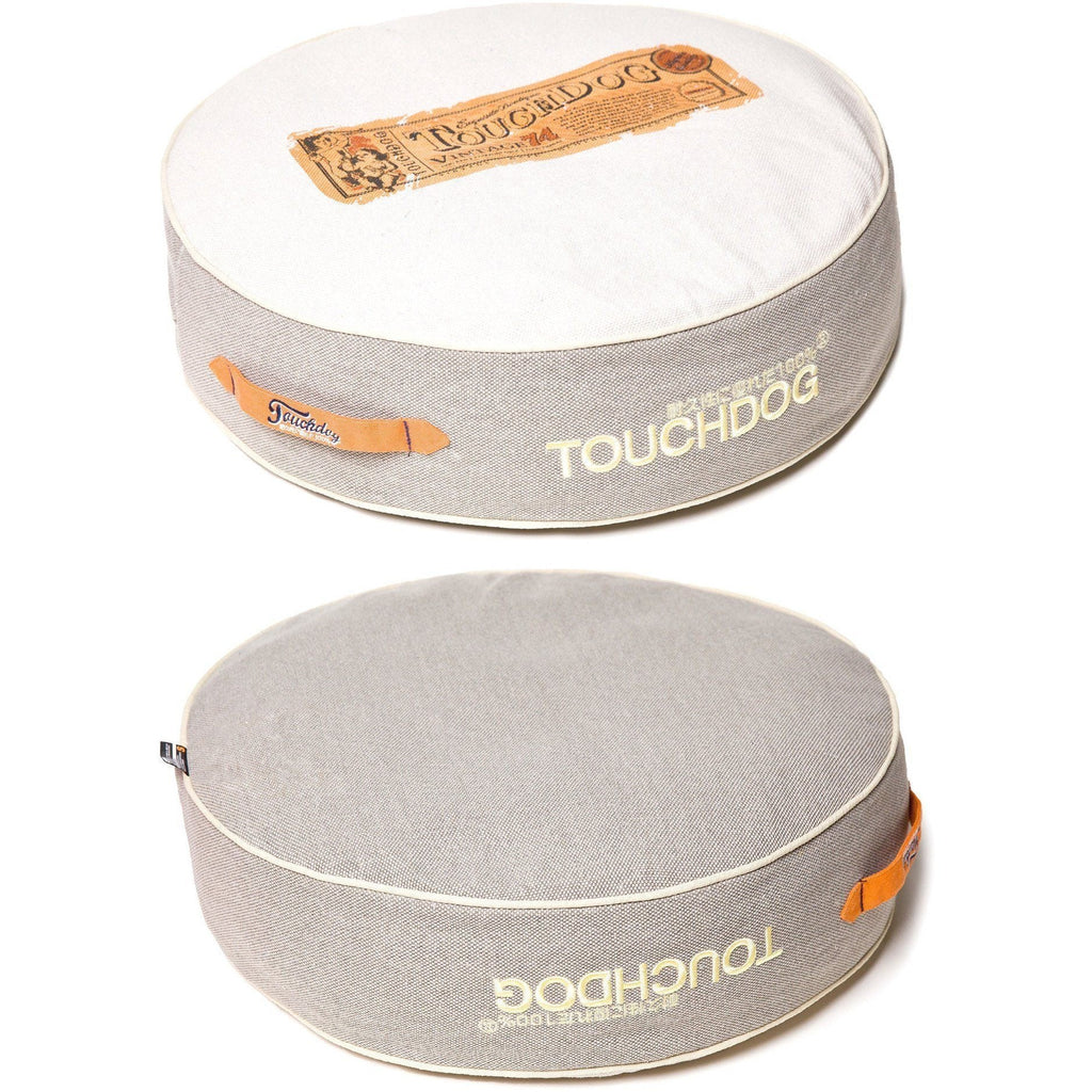 Touchdog round dog bed with a white top, light gray sides, and orange accents, shown both sides