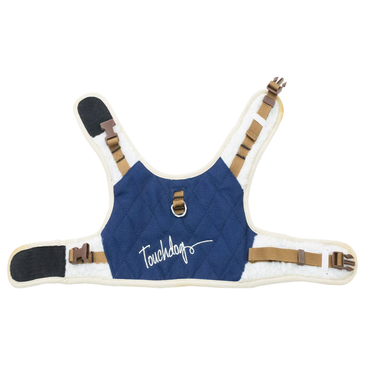 Touchdog navy dog harness shown flat, with adjustable straps and plush lining