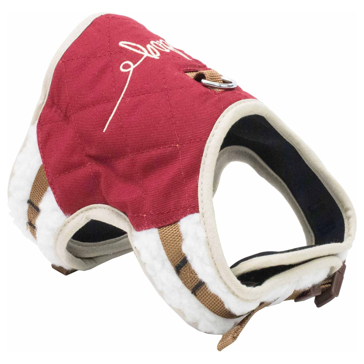 Touchdog burgundy dog harness, showing the padded openings and metal leash ring