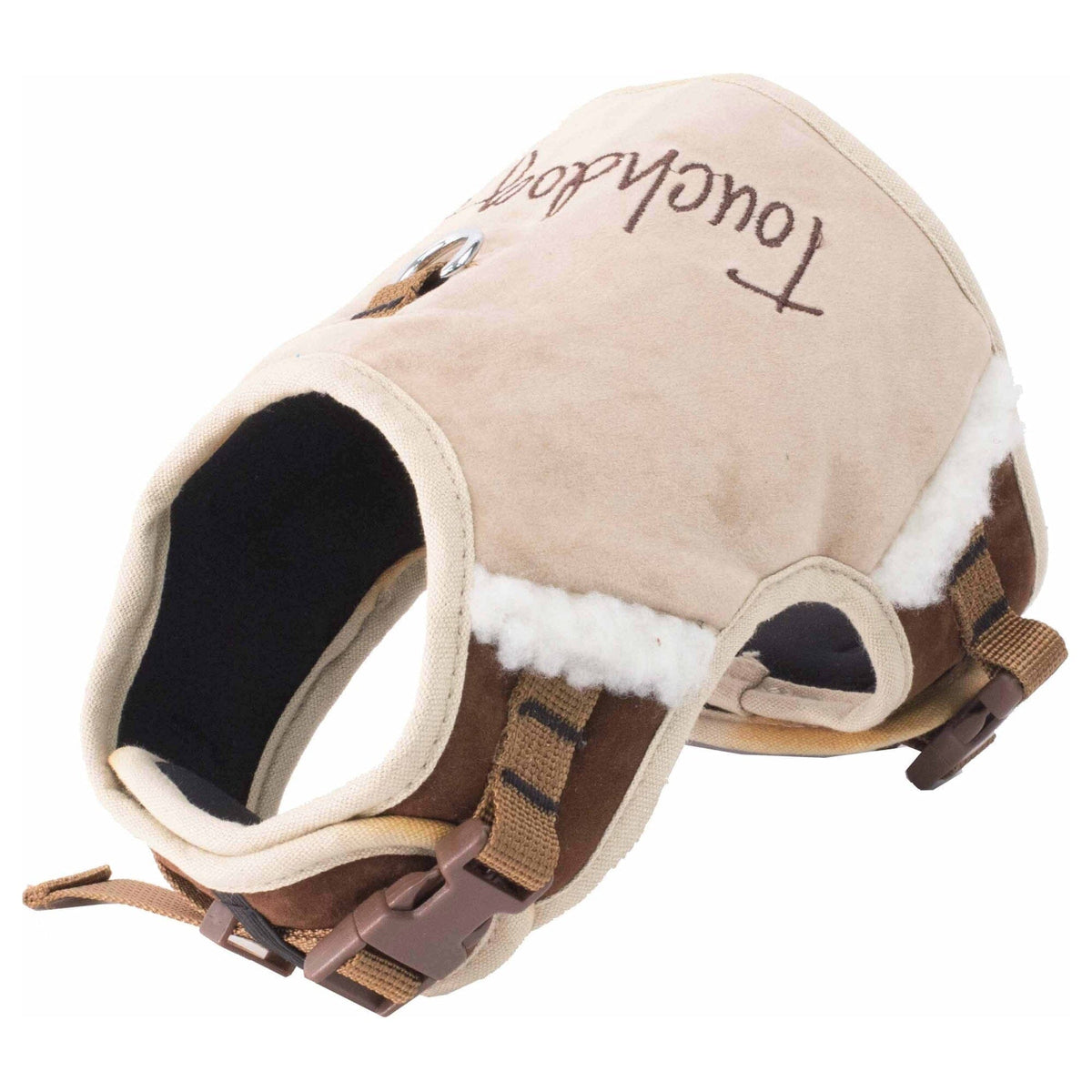 Touchdog tan dog harness with dark lining, plush trim, and adjustable buckles