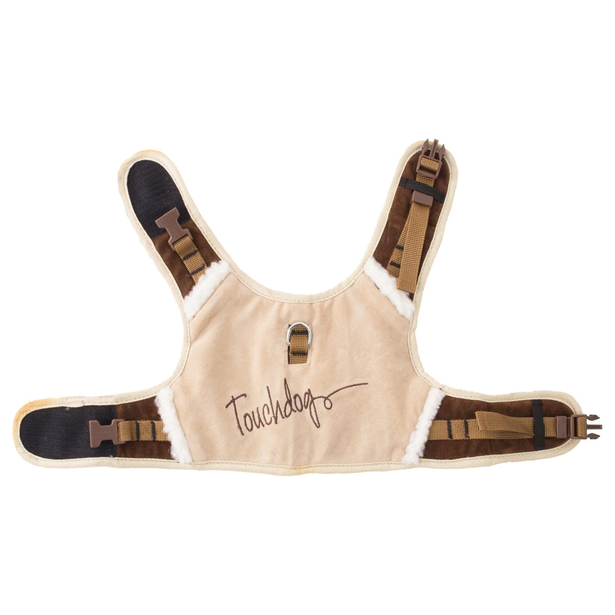 Touchdog tan dog harness shown flat, with adjustable straps and plush lining