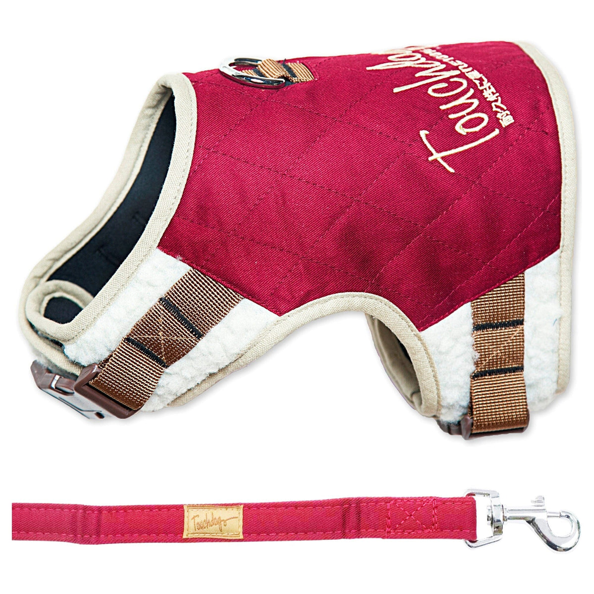 Touchdog dark pink dog harness with fleece trim and matching leash