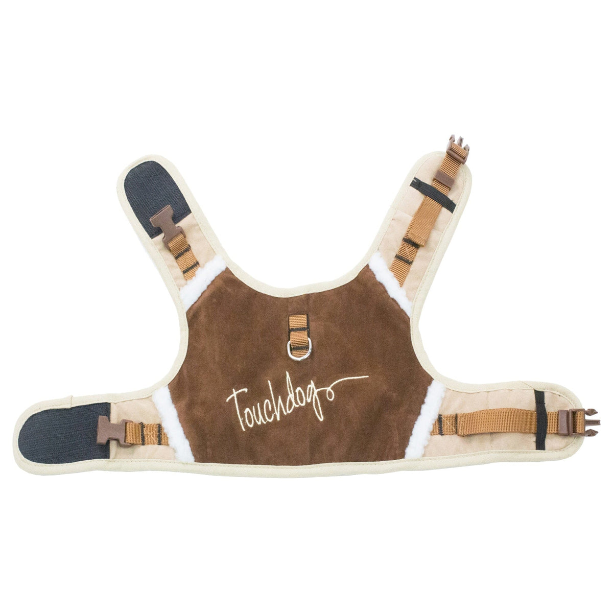 Touchdog brown dog harness underside with adjustable straps and metal leash ring
