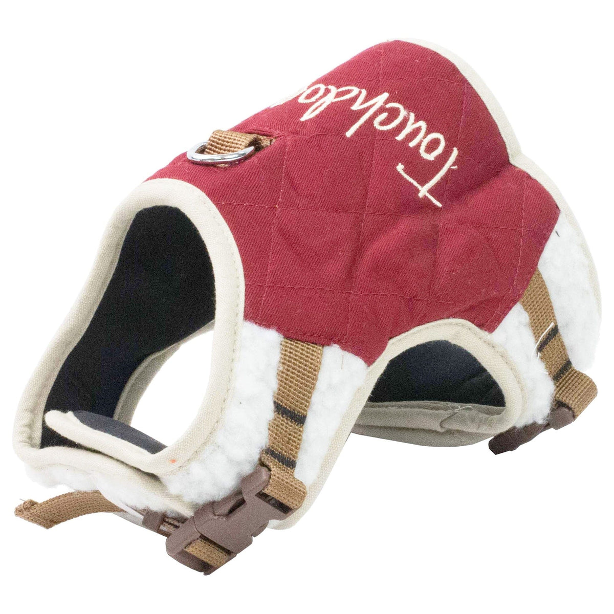 Touchdog dog harness in burgundy quilted fabric with cream trim and adjustable straps