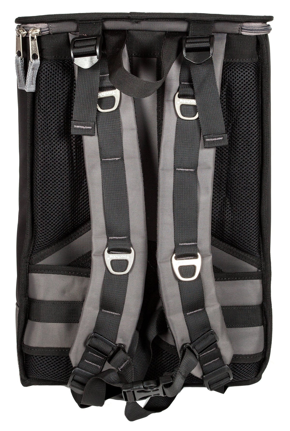 Touchdog carrier backpack rear view with padded adjustable shoulder straps and mesh panels