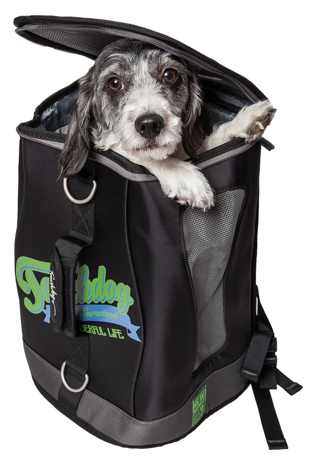 Touchdog black dog carrier backpack with a dog peeking through the open top