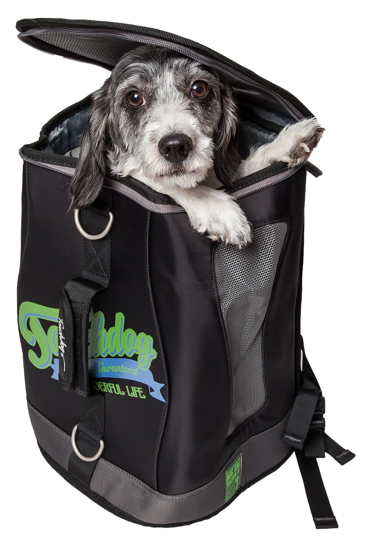 Touchdog black dog carrier backpack with a dog peeking through the open top