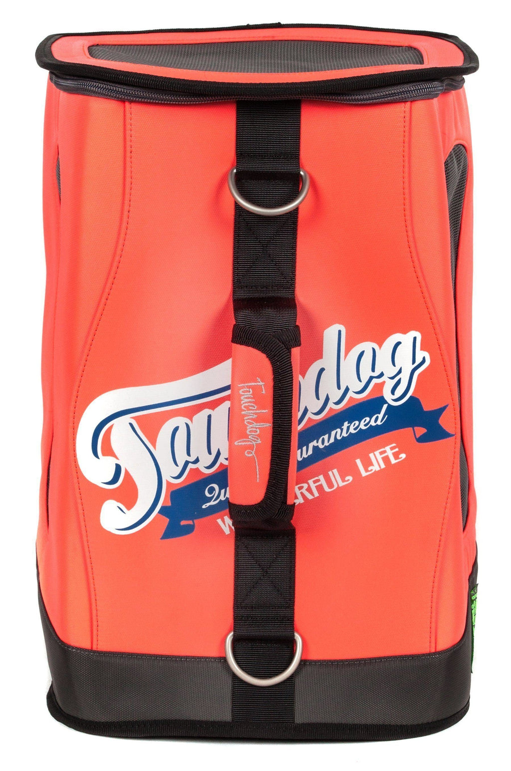 Touchdog orange dog carrier backpack, front view with top mesh panel and adjustable strap