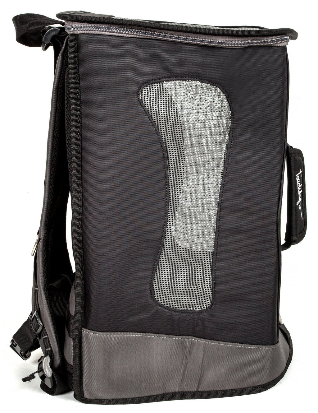 Touchdog dog carrier backpack in black with mesh side panel and gray base