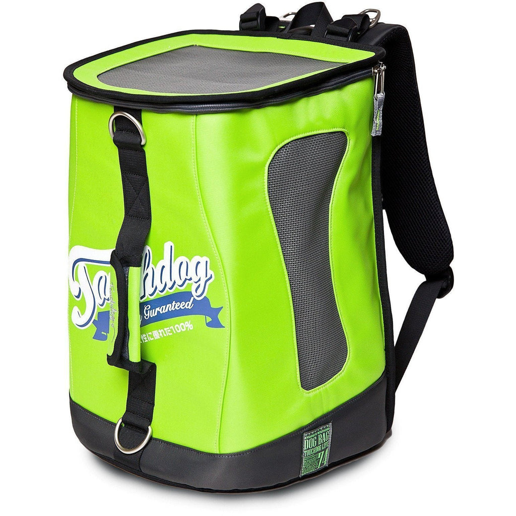 Touchdog dog carrier backpack in yellow green with mesh panels, top flap and shoulder straps