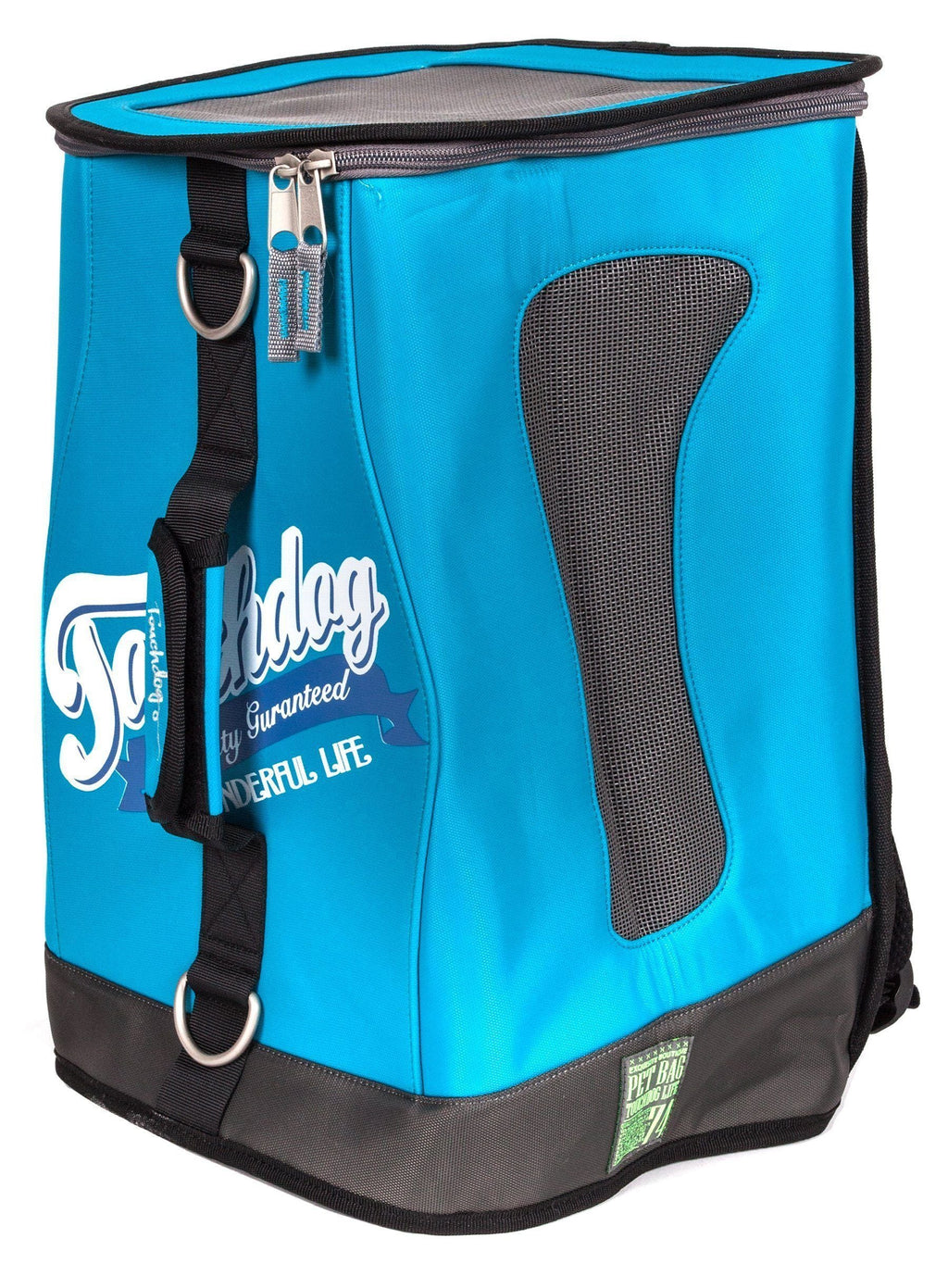 Touchdog turquoise blue dog carrier backpack with mesh side panel and top mesh flap