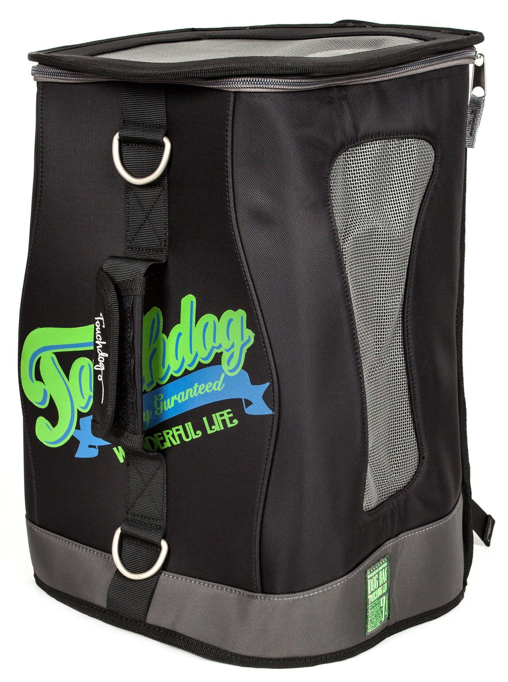 Touchdog dog carrier backpack in black with mesh side panel, zip top, and metal attachment rings