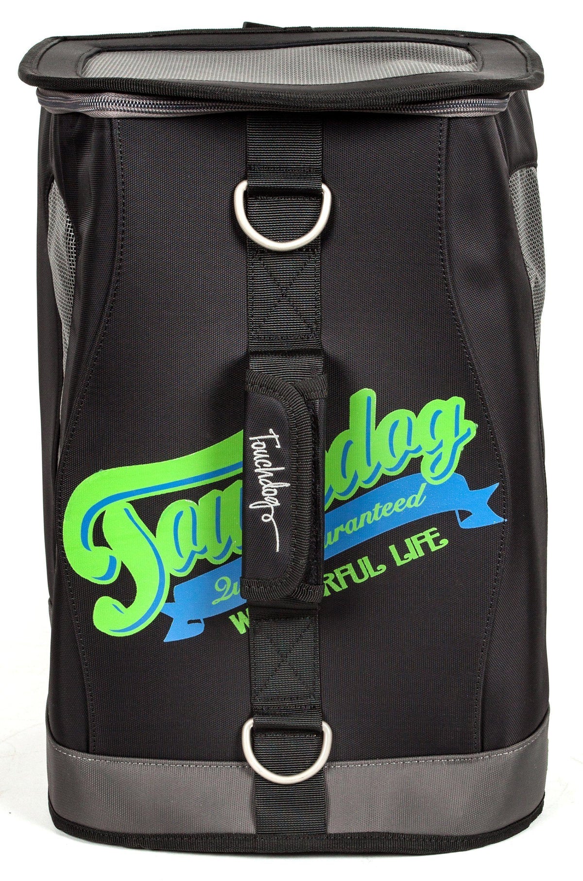 Touchdog black dog carrier backpack, front view with mesh panels and adjustable strap