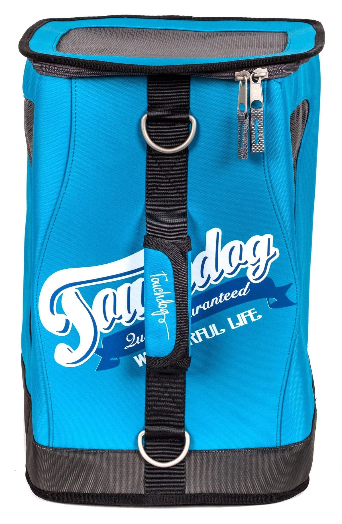 Touchdog turquoise blue dog carrier backpack, front view with top mesh panel and zipper