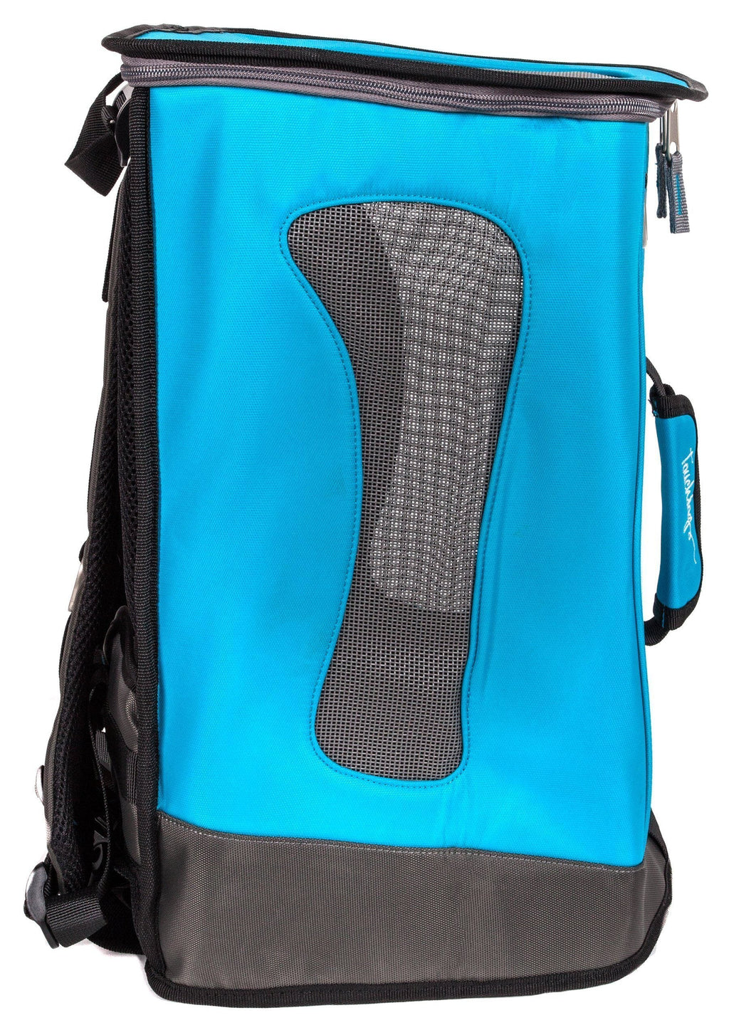 Touchdog dog carrier backpack in turquoise blue with mesh side panel and gray base