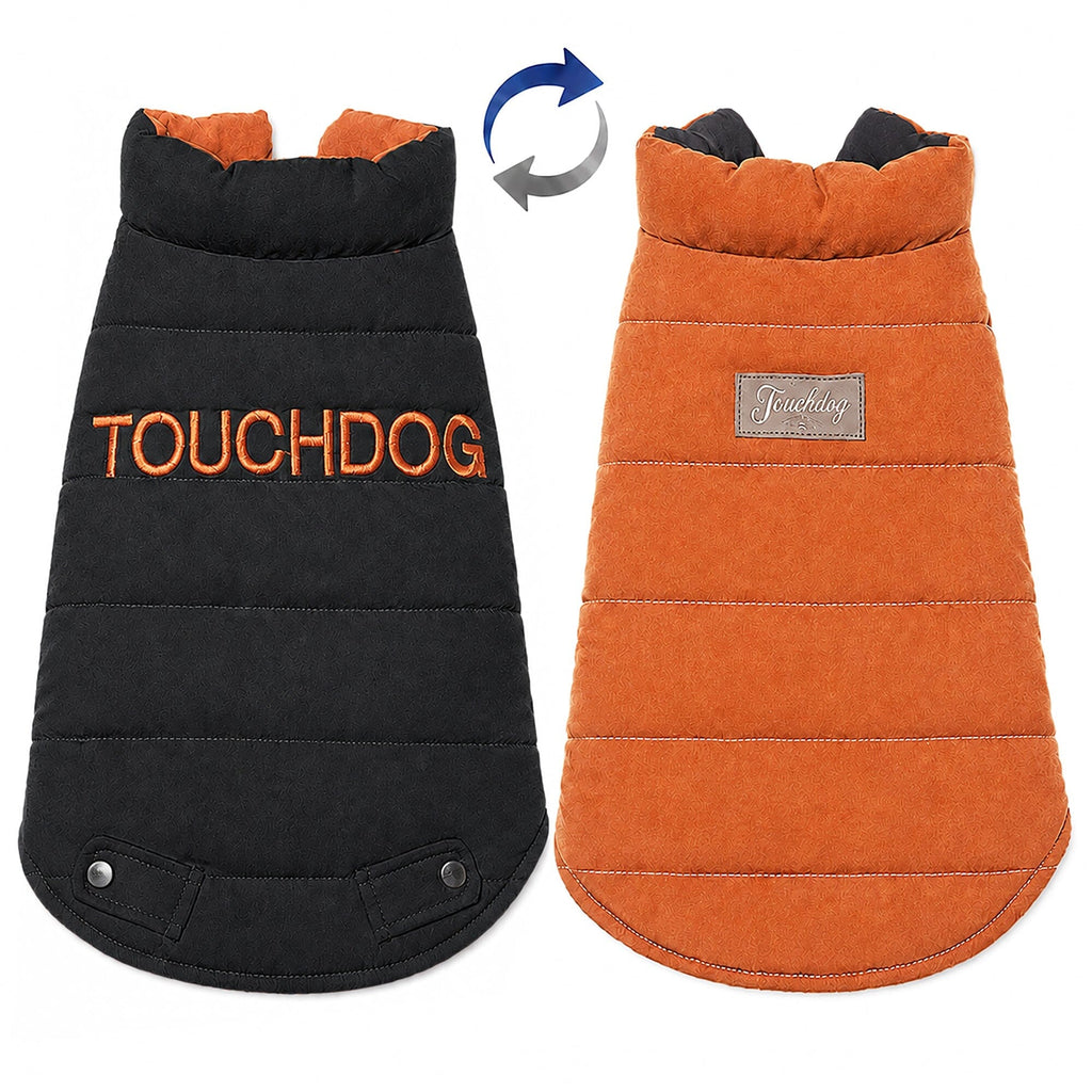 Touchdog Waggin Swag reversible coat in black and orange, front and reverse sides displayed flat.