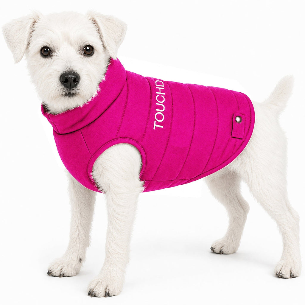 Touchdog pink insulated dog coat with raised collar and snap tab, shown worn.