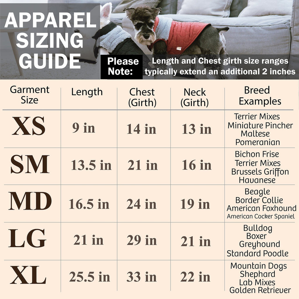 Touchdog dog coat sizing chart with garment measurements from XS to XL.