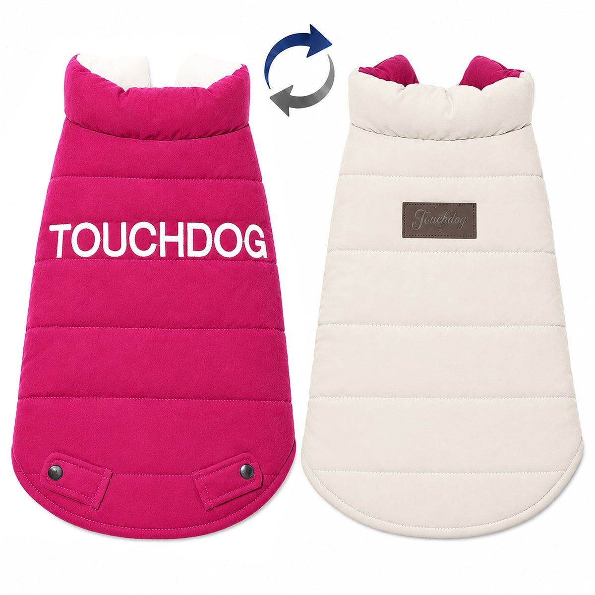 Touchdog reversible dog coat shown flat in pink and white, with quilted panels and snap tabs.