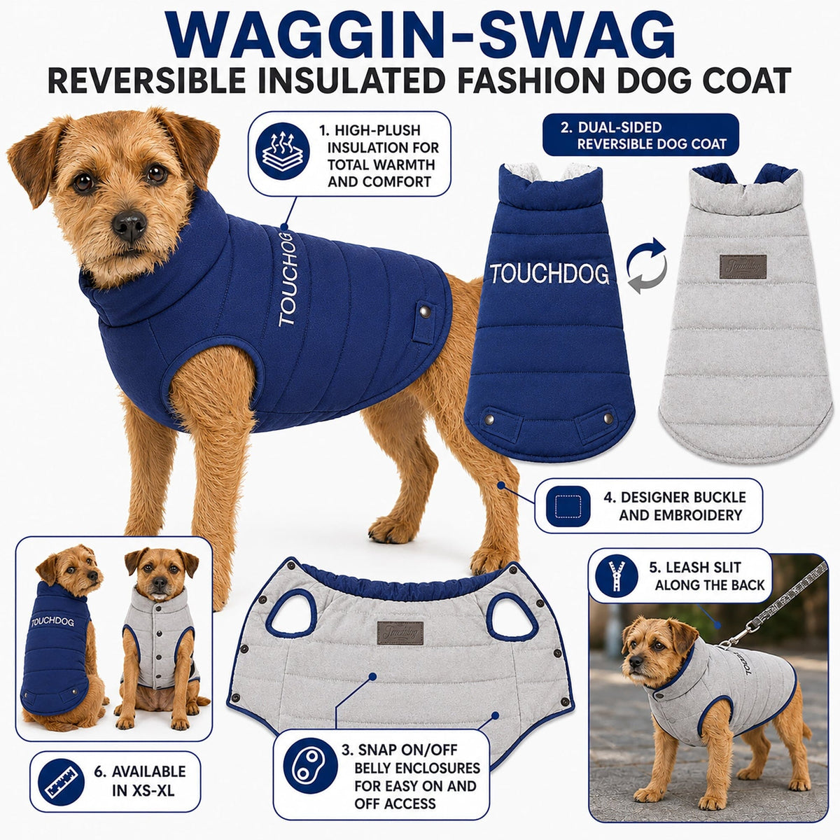Touchdog Waggin Swag insulated dog coat in navy and gray, showing leash slit and snap closures.
