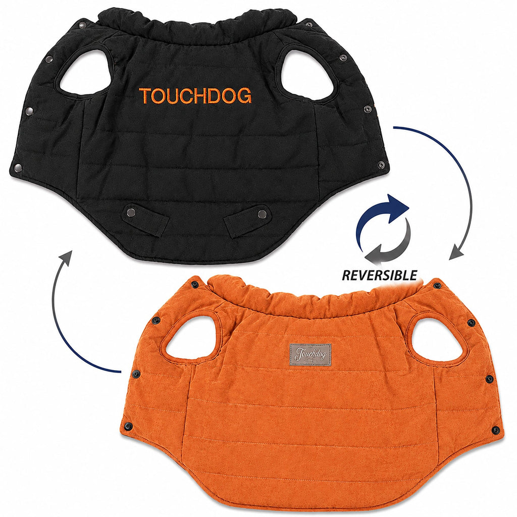 Touchdog reversible dog coat, shown inside out in black and orange with leg openings and snaps.