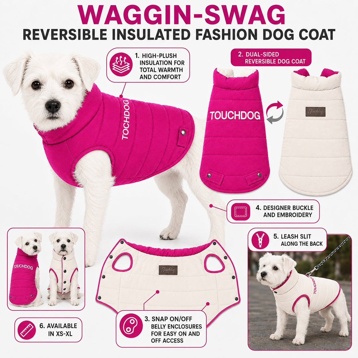 Touchdog pink and white insulated dog coat shown worn and laid flat on both sides.
