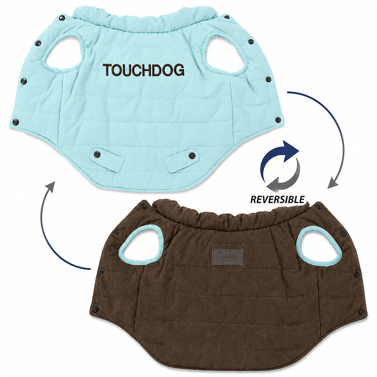 Touchdog Waggin Swag reversible coat shown flat on both sides, with leg openings and snap closures.