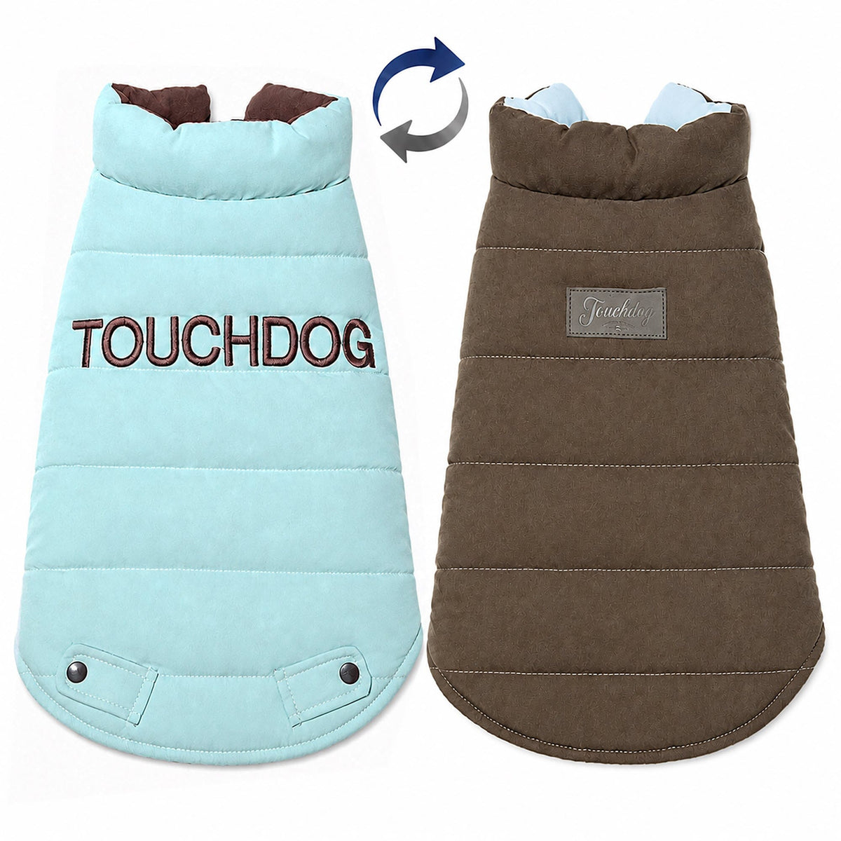 Touchdog Waggin Swag reversible coat in aqua and brown, front and reverse sides displayed flat.