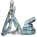 Blue geometric-pattern dog harness and leash with adjustable straps and metal clip