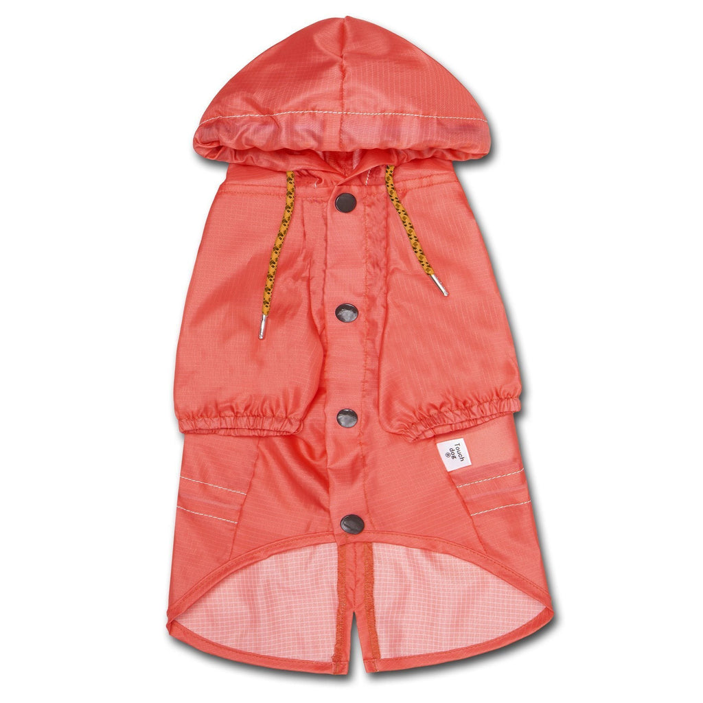 Coral dog raincoat, front view with hood, button closure, drawstrings, and checked lining