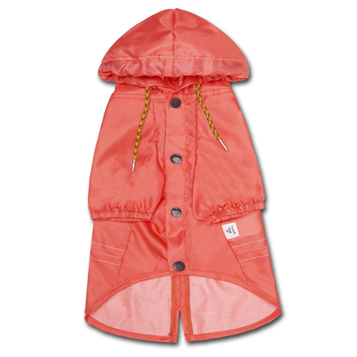Coral dog raincoat, front view with hood, button closure, drawstrings, and checked lining